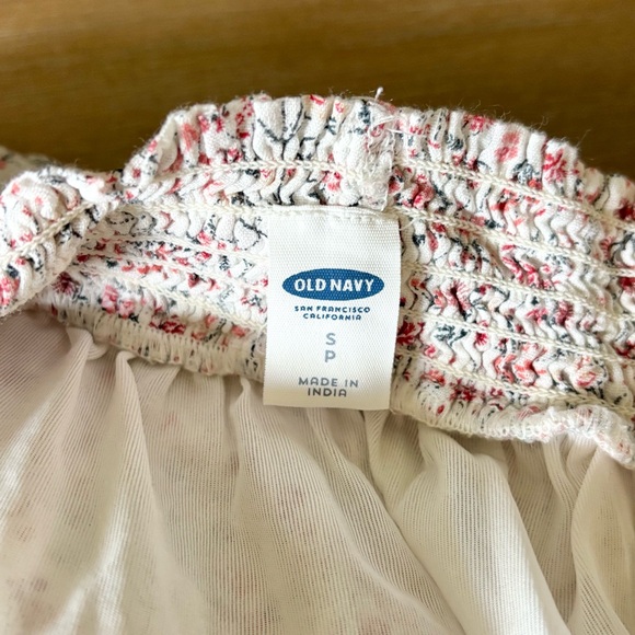 White Ditsy Floral Print Smocked Off-Shoulder Cotton Rayon Blend Dress, Small - Picture 6 of 7